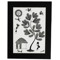 A Peaceful Village Morning - Warli Paper Painting, handmade Warli folk painting from India