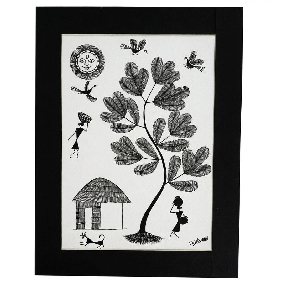 A Peaceful Village Morning - Warli Paper Painting, handmade Warli folk painting from India