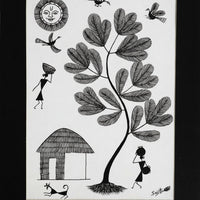 A Peaceful Village Morning - Warli Paper Painting - view 2, handmade Warli folk painting from India