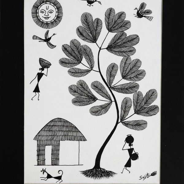 A Peaceful Village Morning - Warli Paper Painting - view 2, handmade Warli folk painting from India