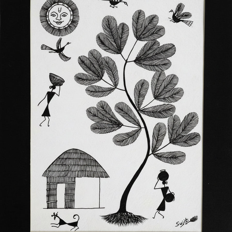 A Peaceful Village Morning - Warli Paper Painting - view 2, handmade Warli folk painting from India