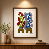 Twin Flowering Trees – Gond Paper Painting