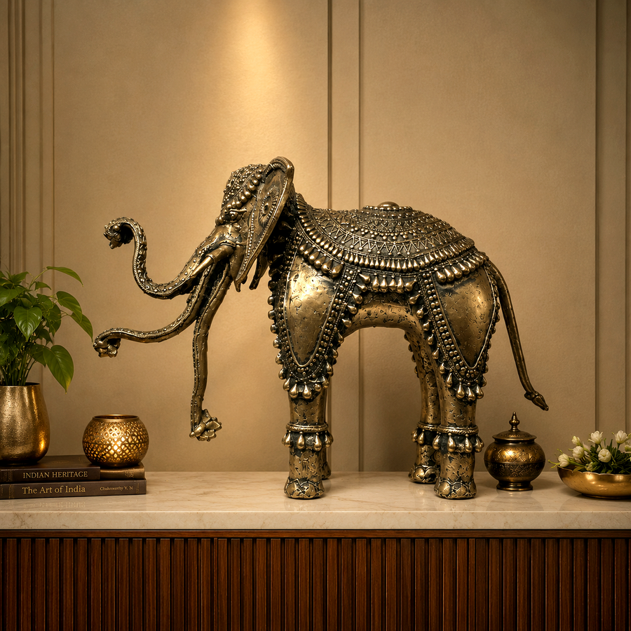 Airavata - Three Trunk Elephant - Dhokra Metal Art, handmade tribal brass sculpture from India
