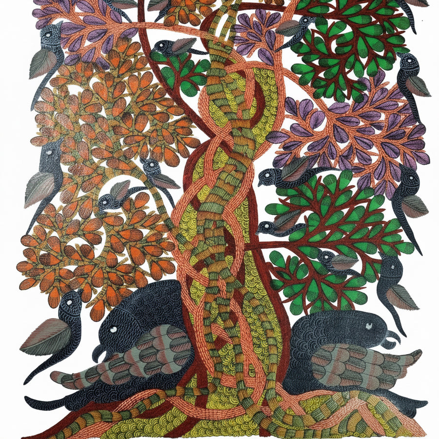Birds in the Tree of Life – Gond Paper Painting