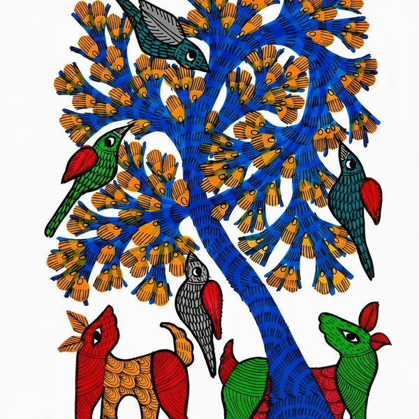 Animals, Birds and the Forest - Gond Paper Painting - view 2, handmade Gond folk painting from India