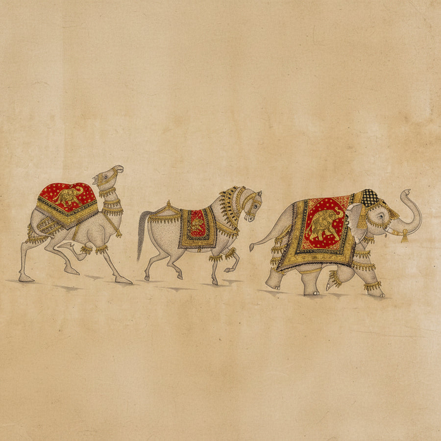The Royal Procession of Regal Animals – Rajasthani Miniature Painting
