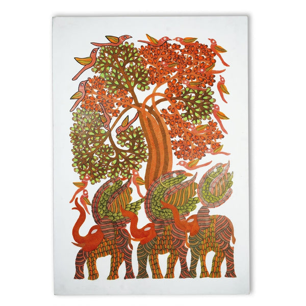 Elephants, Birds and the Forest Tree – Gond Paper Painting