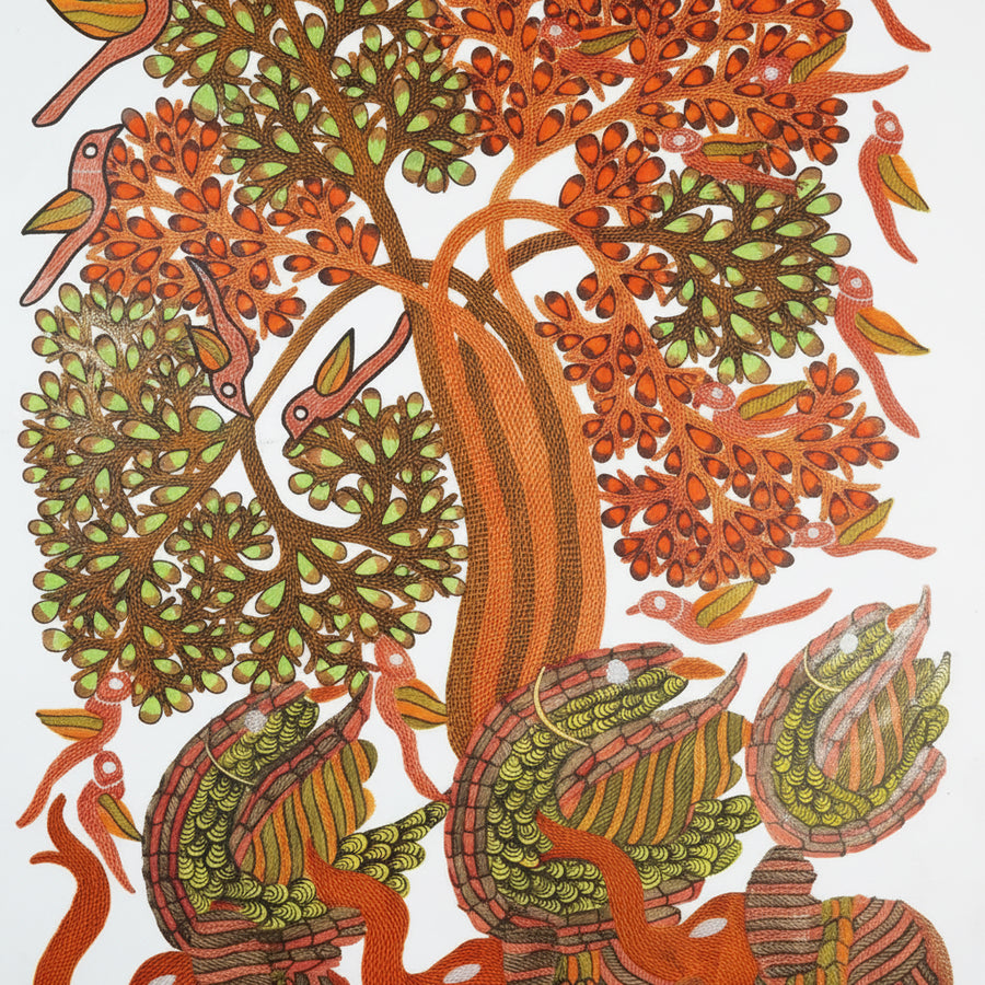Elephants, Birds and the Forest Tree – Gond Paper Painting