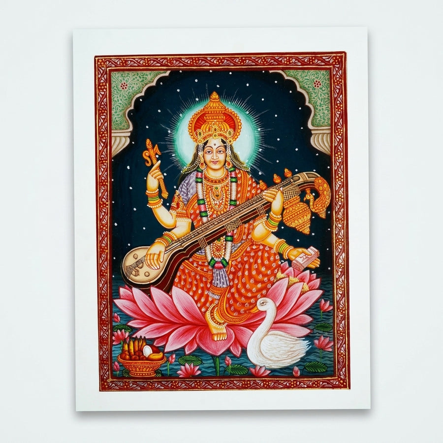 Divine Goddess Saraswati – Rajasthani Miniature Painting