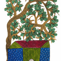 House and Tree – Gond Paper Painting