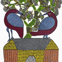 Birds and House – Gond Paper Painting