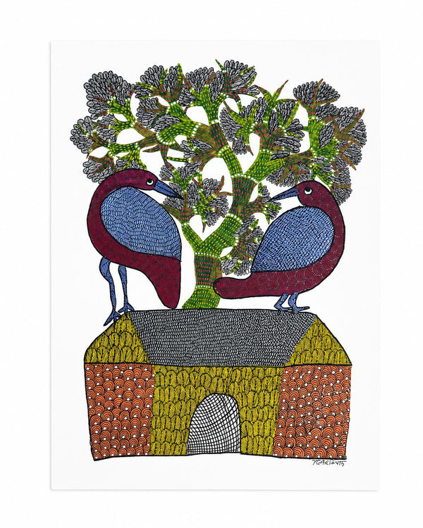 Birds and House – Gond Paper Painting