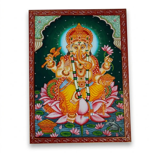 Divine Lord Ganesha on the Lotus – Rajasthani Miniature Painting