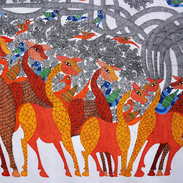 Assembly of Birds and Beasts - Gond Painting - view 2, handmade Gond folk painting from India