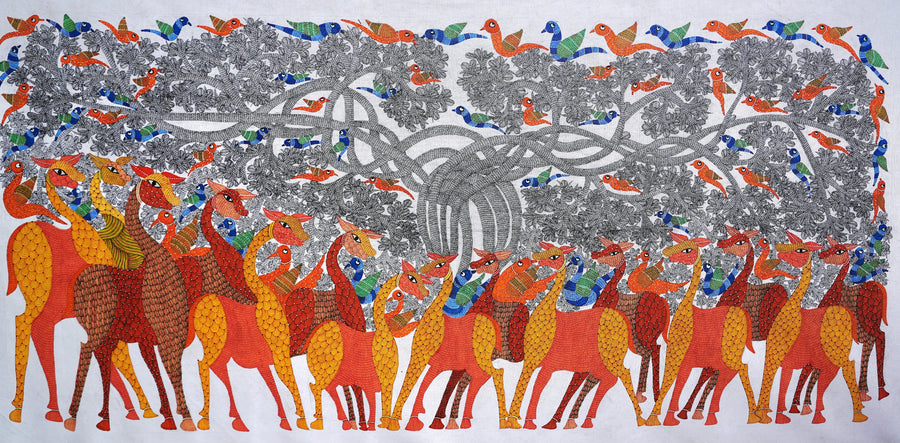Assembly of Birds and Beasts - Gond Painting - view 3, handmade Gond folk painting from India