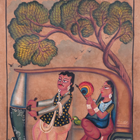 Babu Bibi with Modern Life - Kalighat Painting - view 3, handmade Kalighat folk painting from India