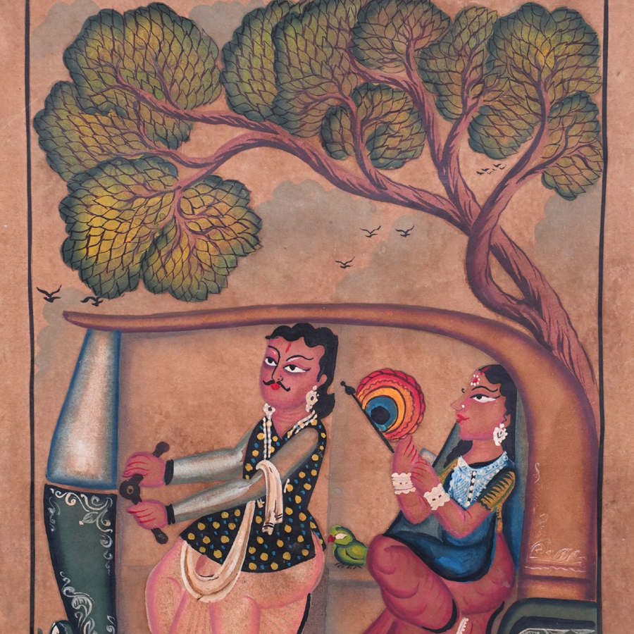 Babu Bibi with Modern Life - Kalighat Painting - view 3, handmade Kalighat folk painting from India