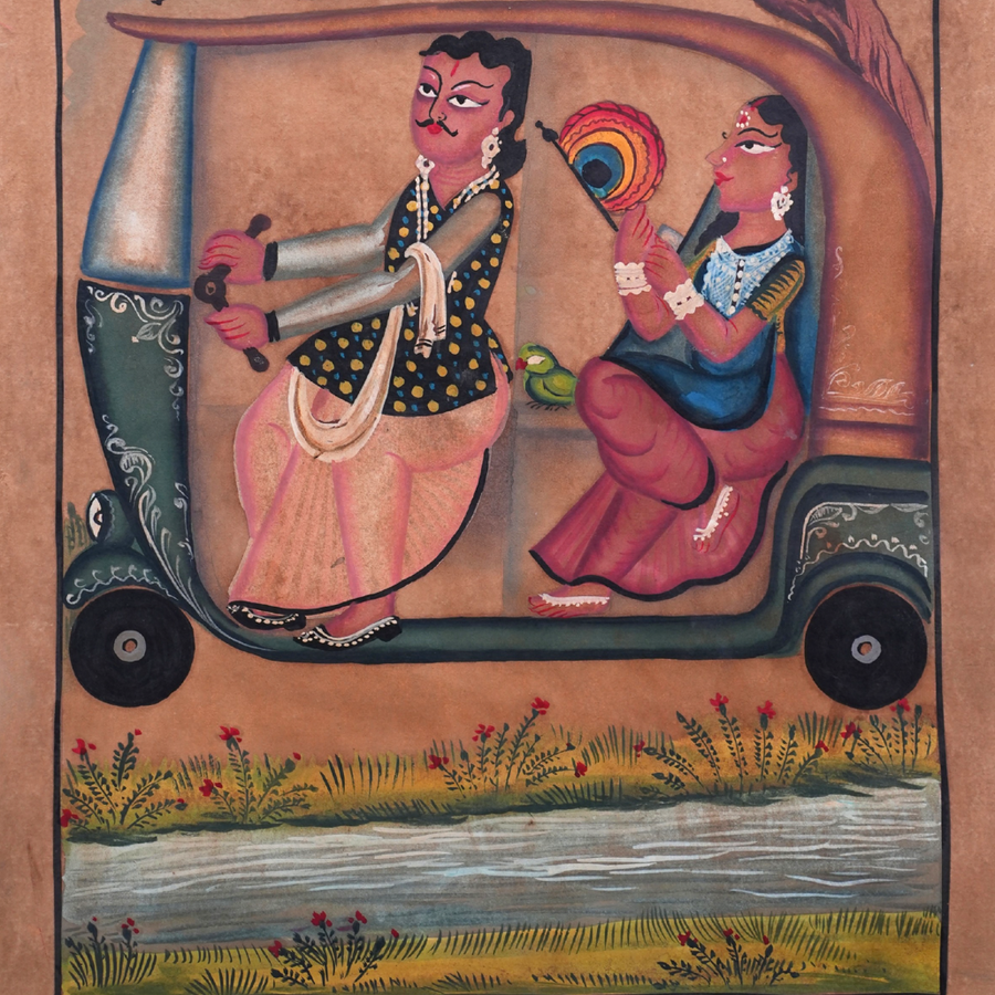 Babu Bibi with Modern Life - Kalighat Painting - view 4, handmade Kalighat folk painting from India