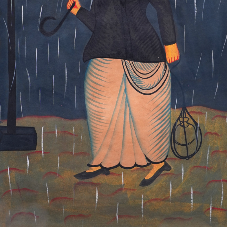 Babu with Umbrella - Kalighat Painting - view 4, handmade Kalighat folk painting from India