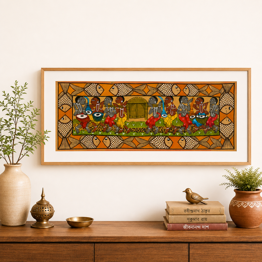 Bengali Wedding Kalighat Folk Painting on Handmade Paper, handmade Kalighat folk painting from India