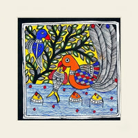 Bird and Fish - Madhubani Painting, handmade Madhubani painting from India
