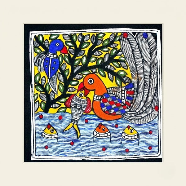 Bird and Fish - Madhubani Painting, handmade Madhubani painting from India