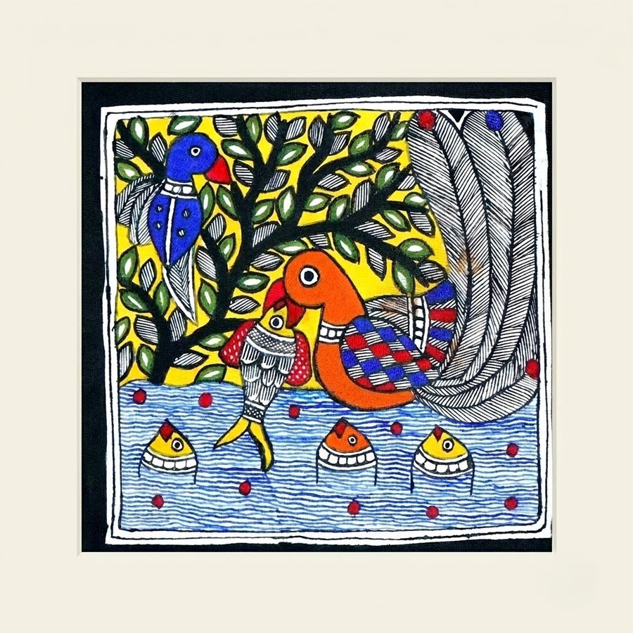 Bird and Fish - Madhubani Painting, handmade Madhubani painting from India