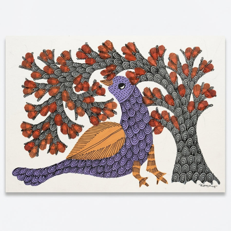The Bird and Flowering Tree – Gond Paper Painting