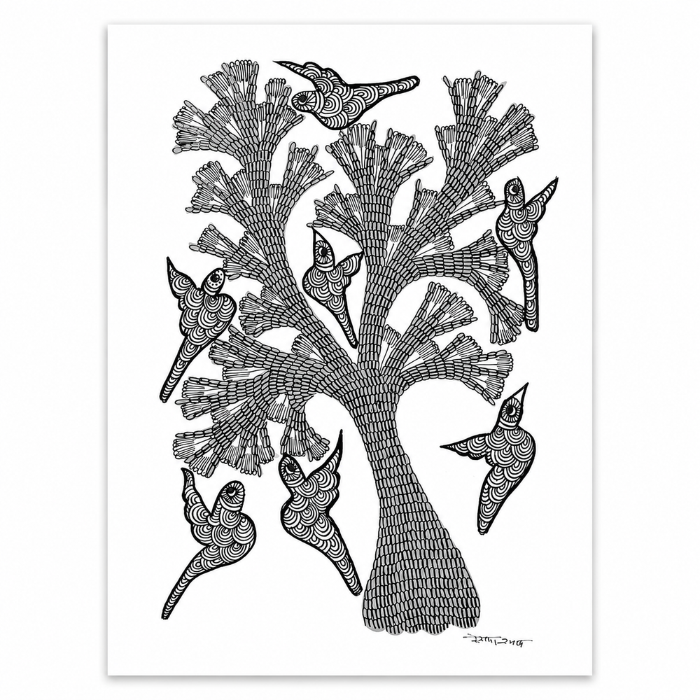 Birds Gathering - Gond Paper Painting, handmade Gond folk painting from India