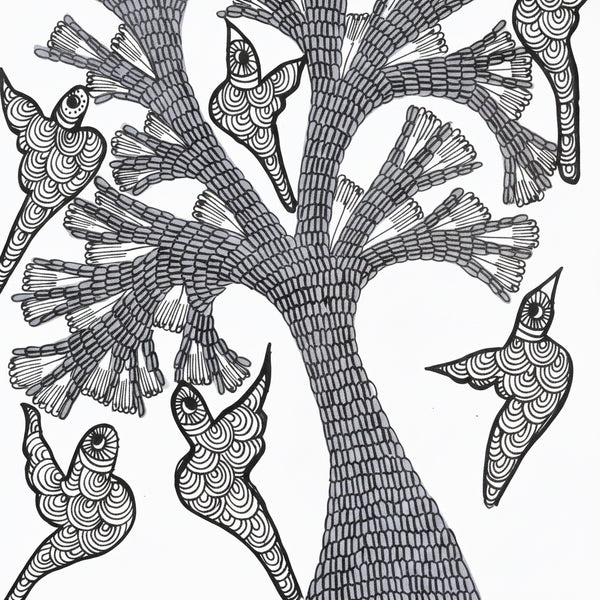 Birds Gathering - Gond Paper Painting - view 2, handmade Gond folk painting from India
