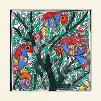 Birds of Mithila - Madhubani Painting, handmade Madhubani painting from India