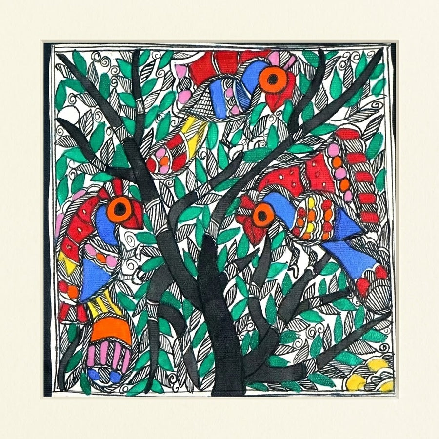 Birds of Mithila - Madhubani Painting, handmade Madhubani painting from India