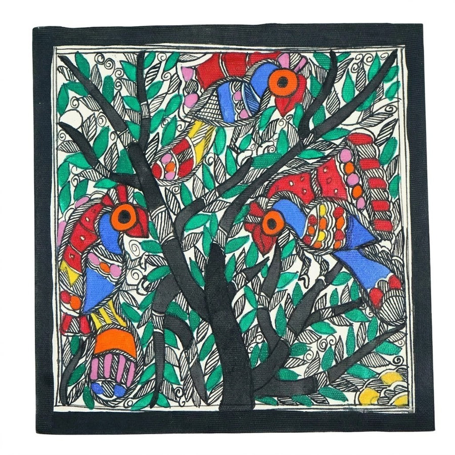 Birds of Mithila - Madhubani Painting - view 2, handmade Madhubani painting from India