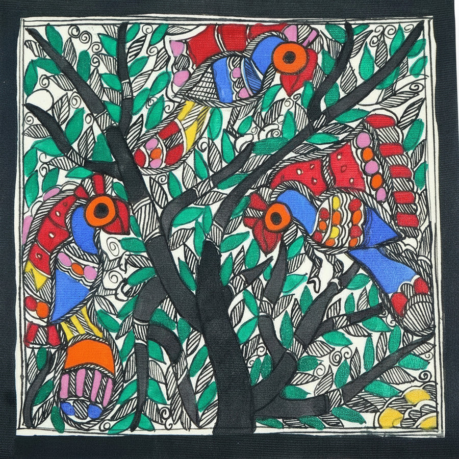 Birds of Mithila - Madhubani Painting - view 3, handmade Madhubani painting from India