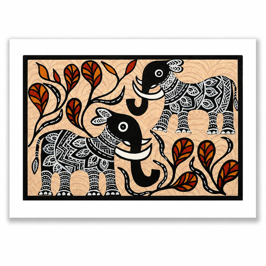 Black and White Elephants - Sohrai Painting, handmade Sohrai tribal painting from India