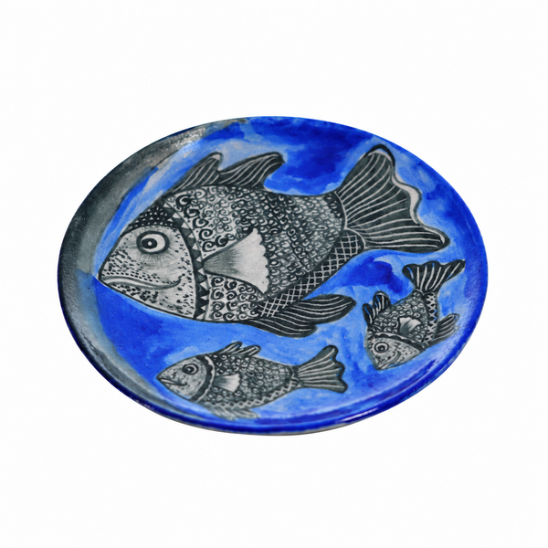 Black & White Patterned Fish Wall Plate - Jaipur Blue Pottery, handmade Jaipur blue pottery from India