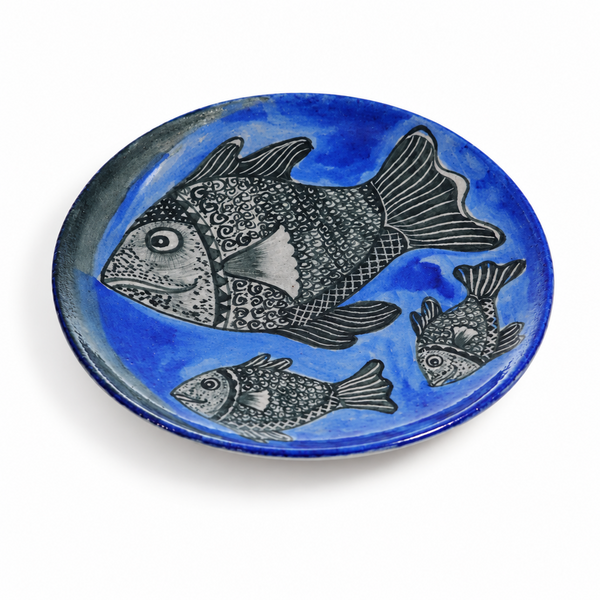 Black & White Patterned Fish Wall Plate - Jaipur Blue Pottery - view 2, handmade Jaipur blue pottery from India