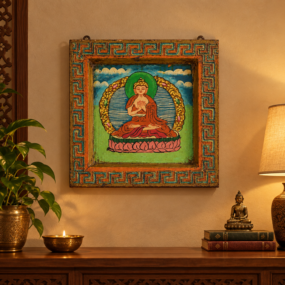 Blessed Buddha - Tibetan Hand-Painted Wall Hanging, handmade Tibetan wall hanging from India