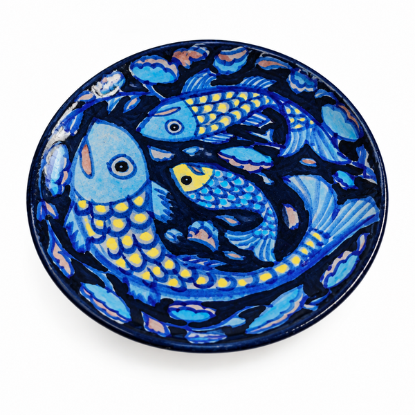 Blue & Yellow Fish Rice Plate - Jaipur Blue Pottery - view 2, handmade Jaipur blue pottery from India