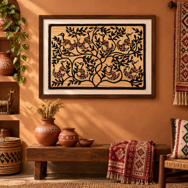 Branch and Birds - Sohrai Painting, handmade Sohrai tribal painting from India