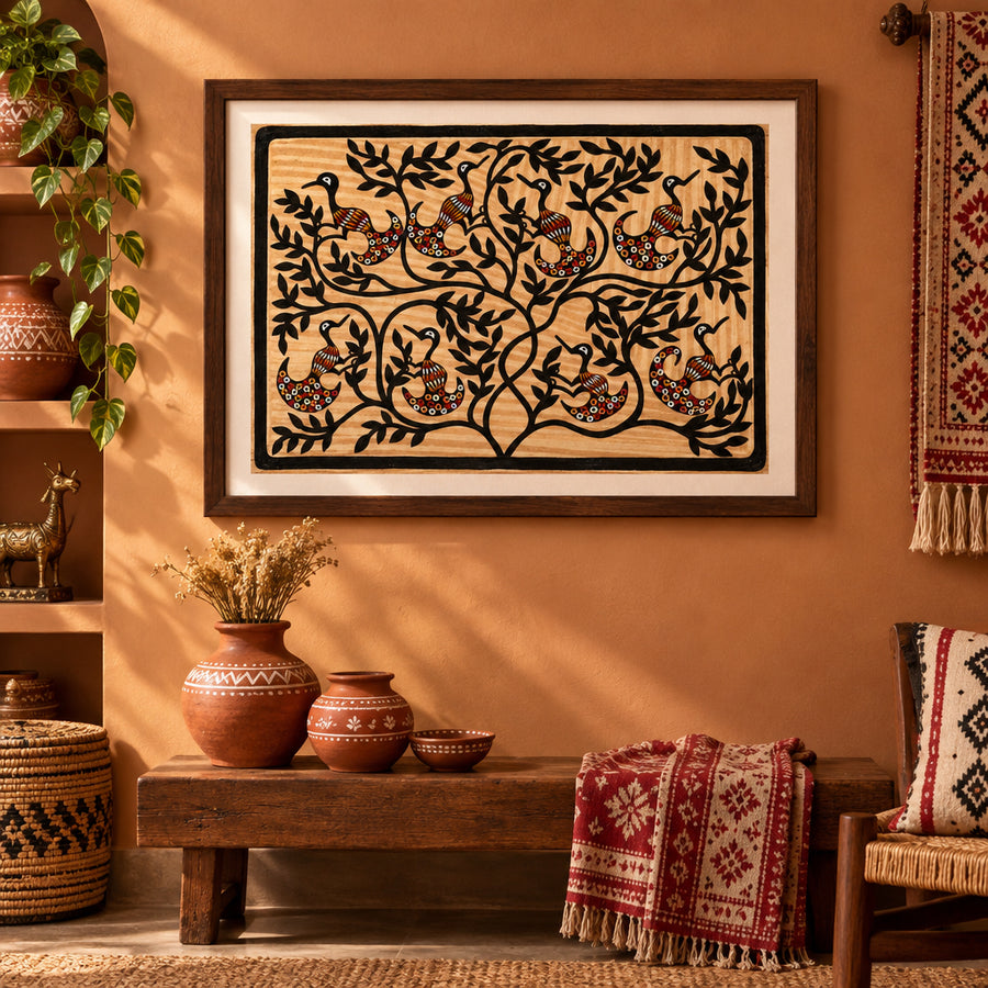Branch and Birds - Sohrai Painting, handmade Sohrai tribal painting from India