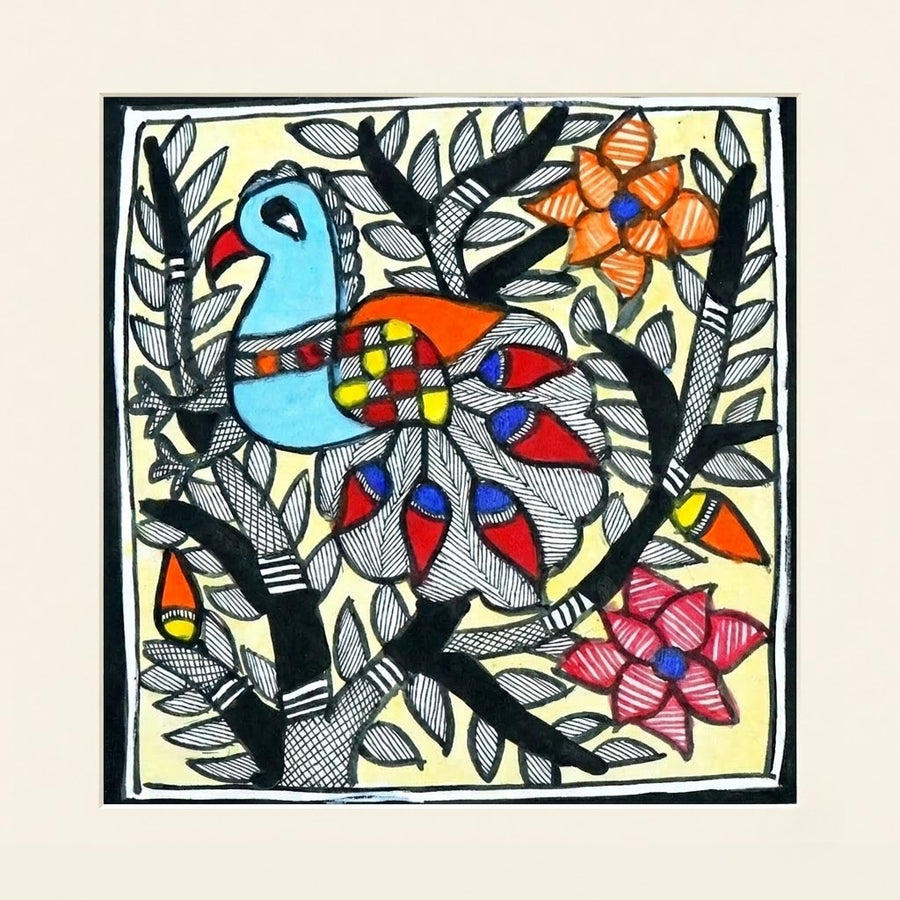 Colourful Bird - Madhubani Painting, handmade Madhubani painting from India