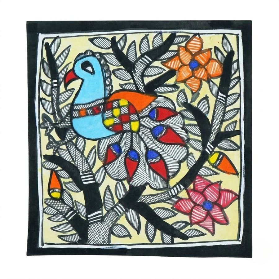 Colourful Bird - Madhubani Painting - view 2, handmade Madhubani painting from India
