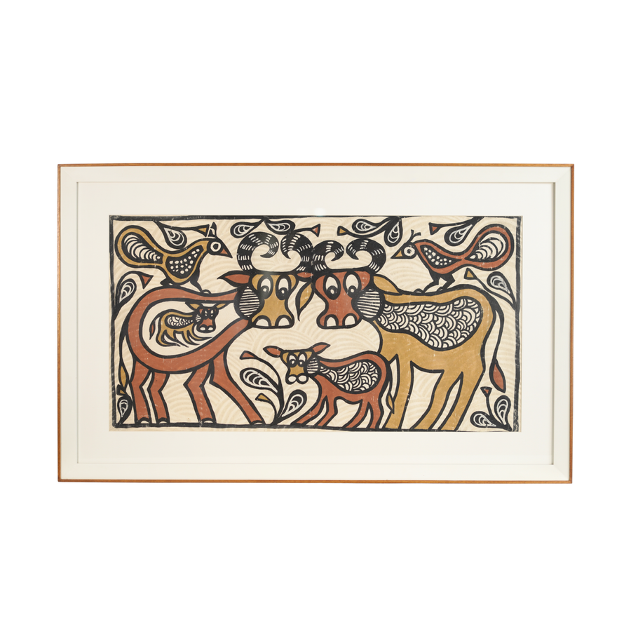 Cow Family - Sohrai Painting with wooden frame, handmade Sohrai tribal painting from India