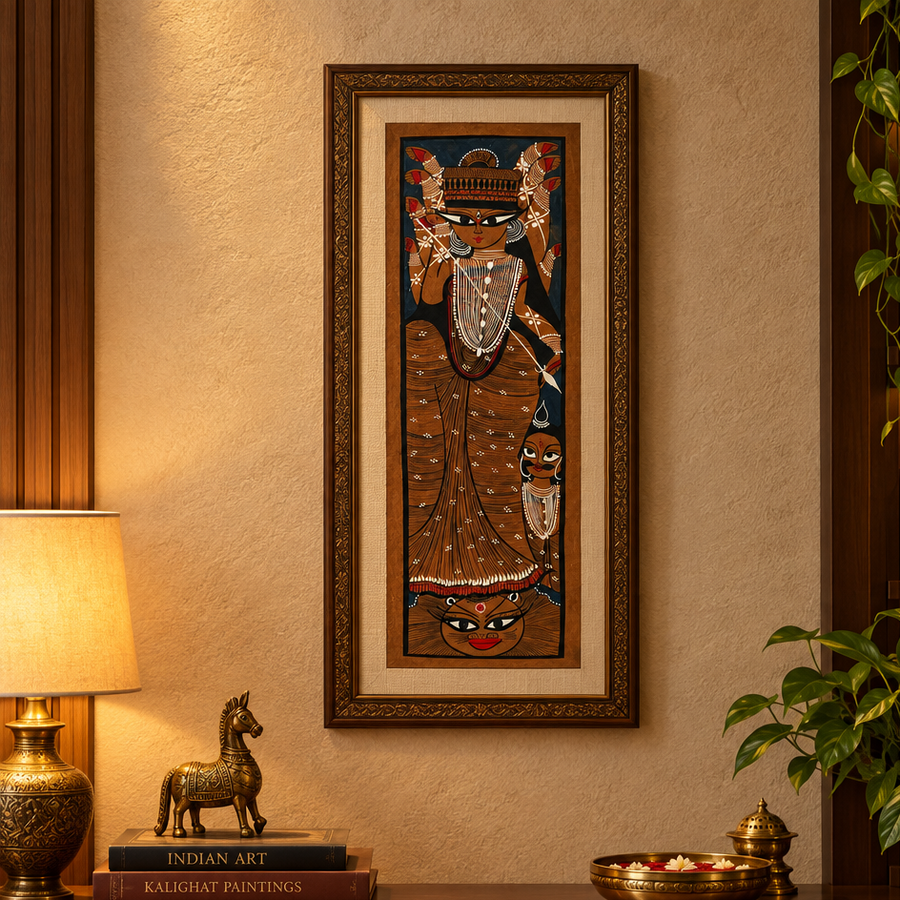 Dashabhuja Devi - Kalighat Painting, handmade Kalighat folk painting from India