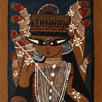 Dashabhuja Devi - Kalighat Painting - view 3, handmade Kalighat folk painting from India