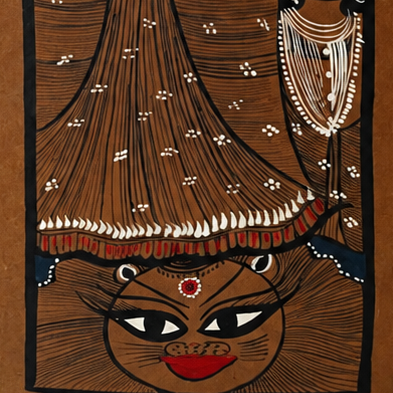 Dashabhuja Devi - Kalighat Painting - view 4, handmade Kalighat folk painting from India