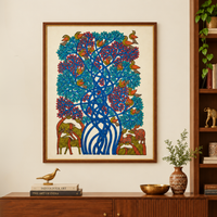 Deer, Birds & Tree - Gond Paper Painting, handmade Gond folk painting from India