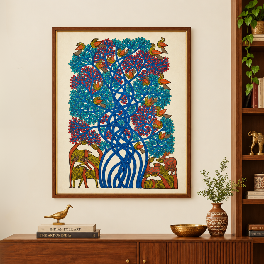 Deer, Birds & Tree - Gond Paper Painting, handmade Gond folk painting from India