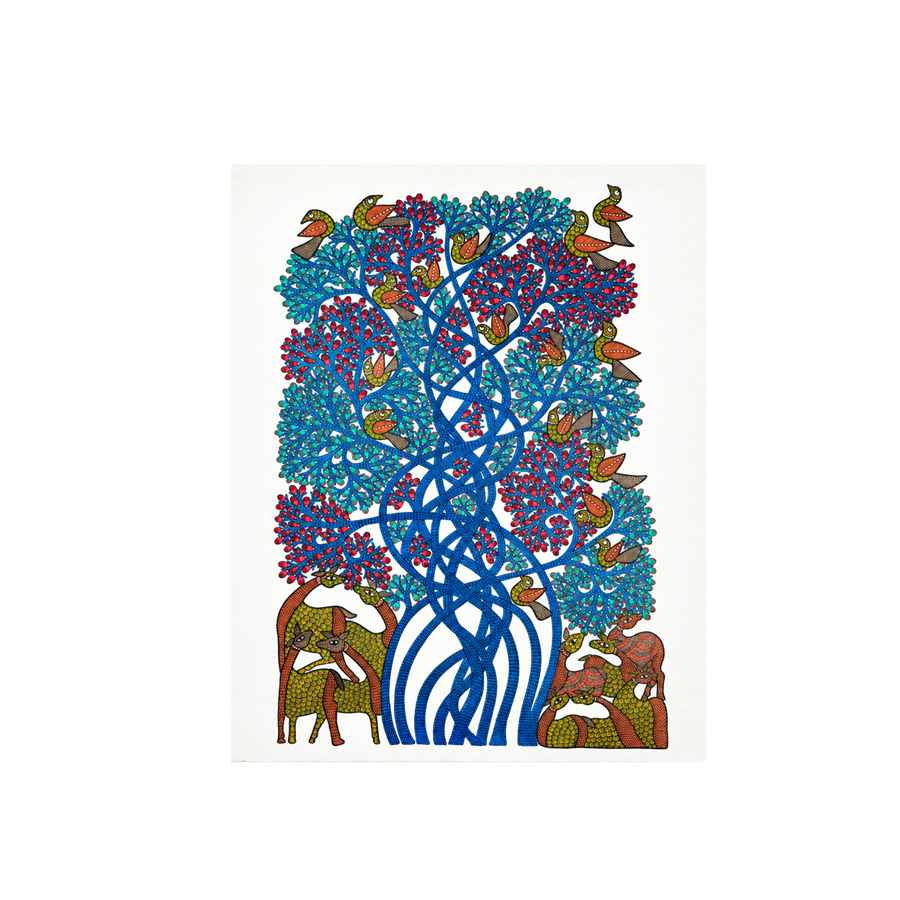 Deer, Birds & Tree - Gond Paper Painting - view 2, handmade Gond folk painting from India